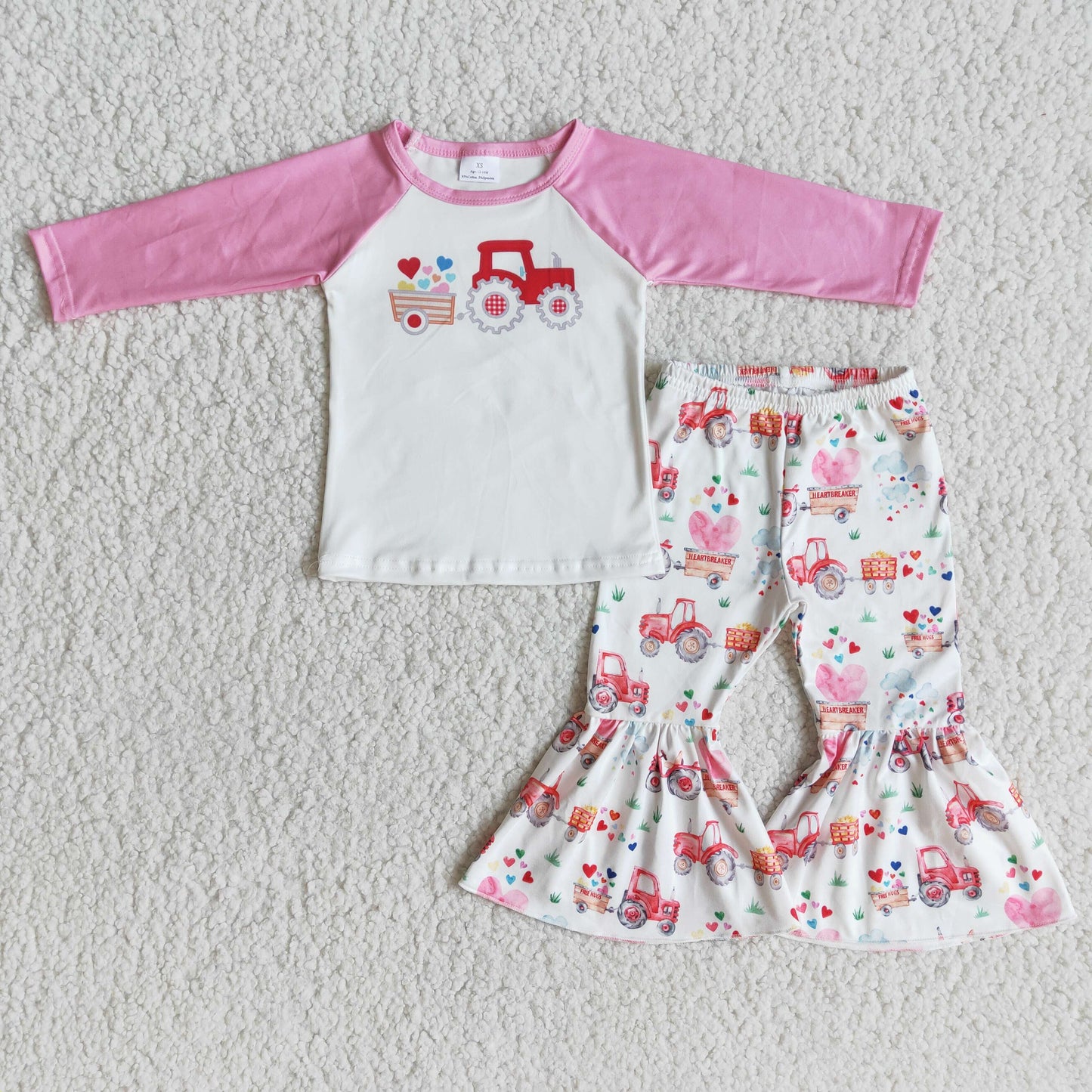 Promotion Baby Girl Long Sleeves Tractor Hearts Shirt Bell Pants Valentine's Set RTS
