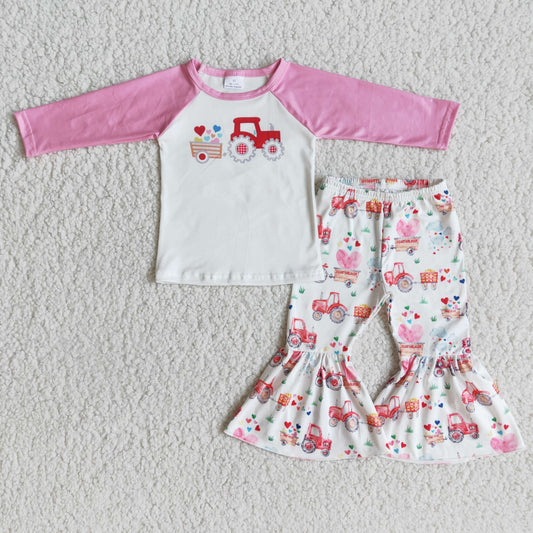 Promotion Baby Girl Long Sleeves Tractor Hearts Shirt Bell Pants Valentine's Set RTS