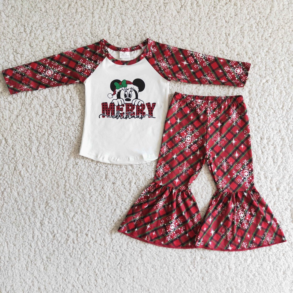 Promotion Baby Girl Christmas Long Sleeves Plaid Pants Mouse Outfit