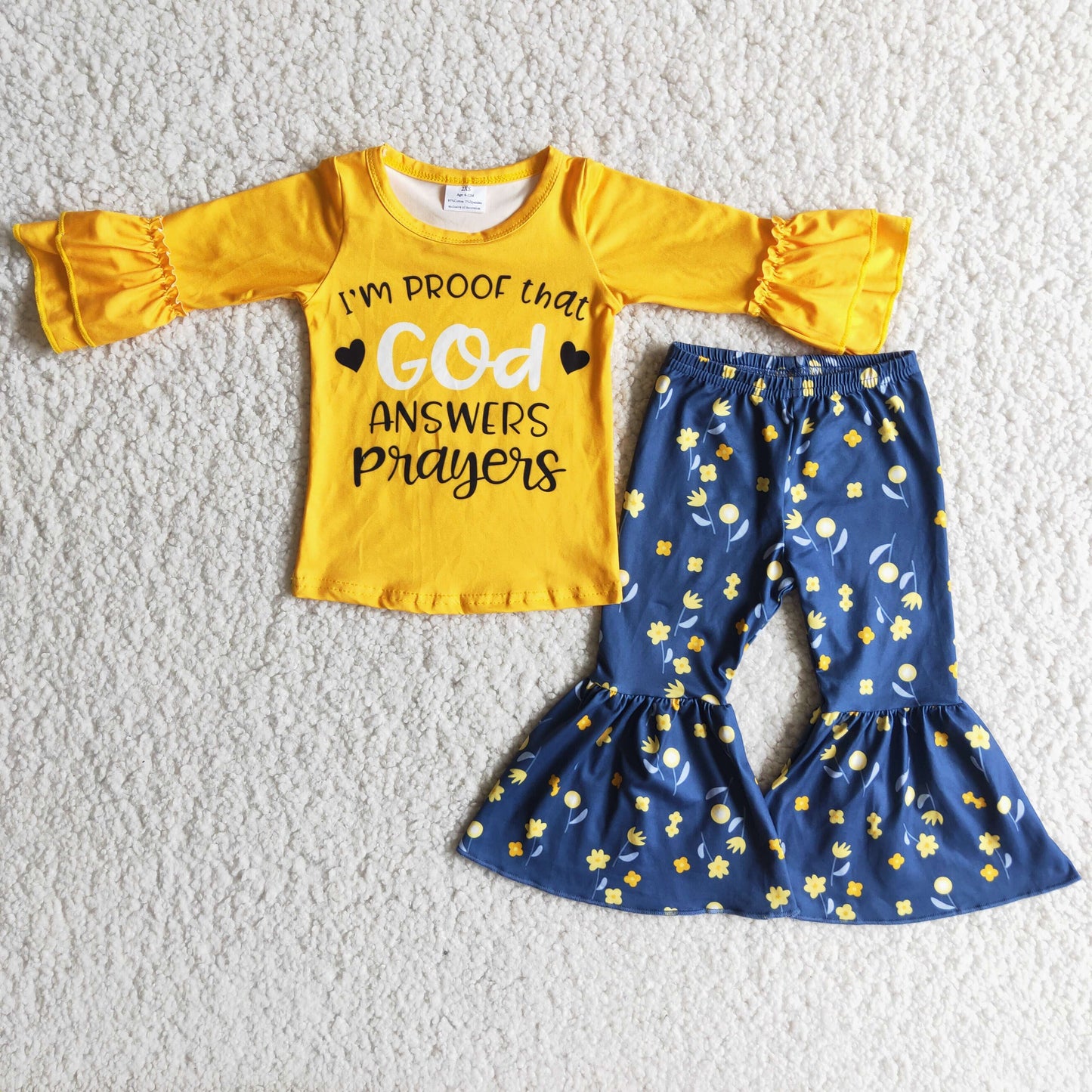 Promotion Baby Girl Yellow Long Sleeves GOD Tops Floral Bell Pants Set RTS