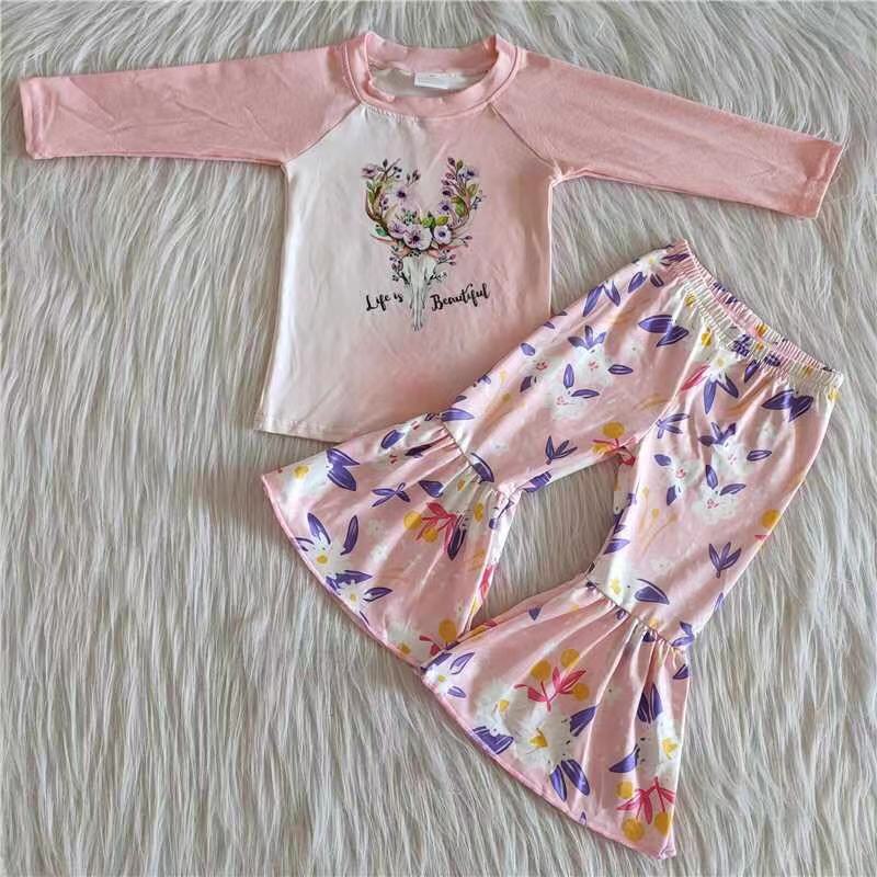 Promotion Baby Girl Long Sleeves Cow Floral Bell Pants Outfit