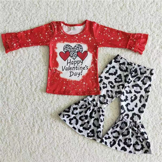 Promotion 6 A33-12 Baby Girl Valentine's Day Long Sleeves Hearts Shirt Leopard Bell Pants Set