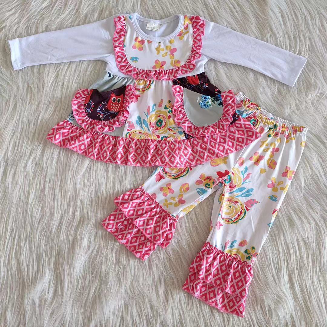 Promotion Baby Girl Long Sleeves Floral Pocket Pants Outfit