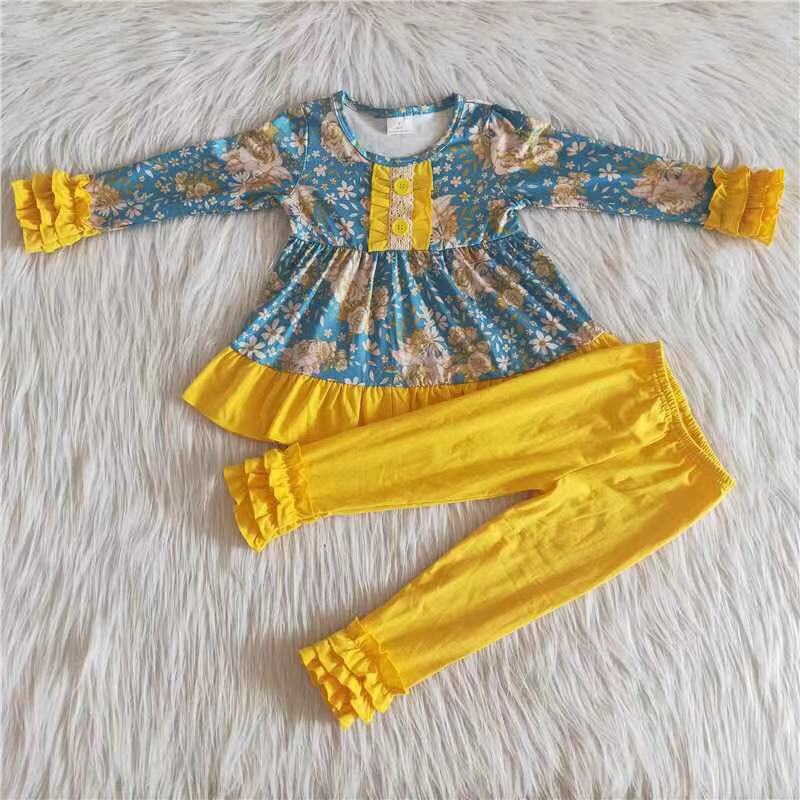 Promotion Baby Girl Long Sleeves Floral Tops Cotton Ruffle Pants Outfit