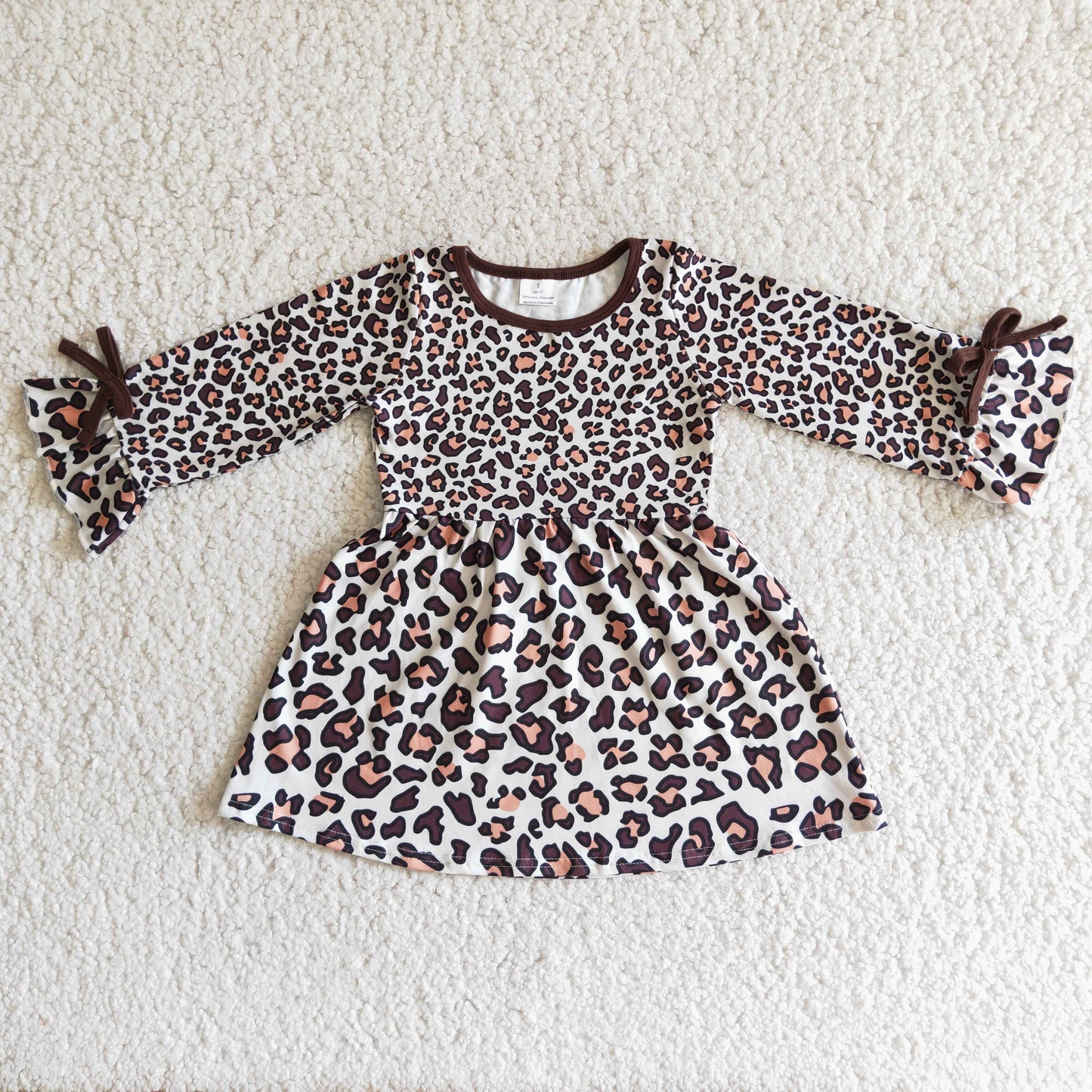 Promotion Baby Girl Long Sleeves Leopard Bows Dress RTS