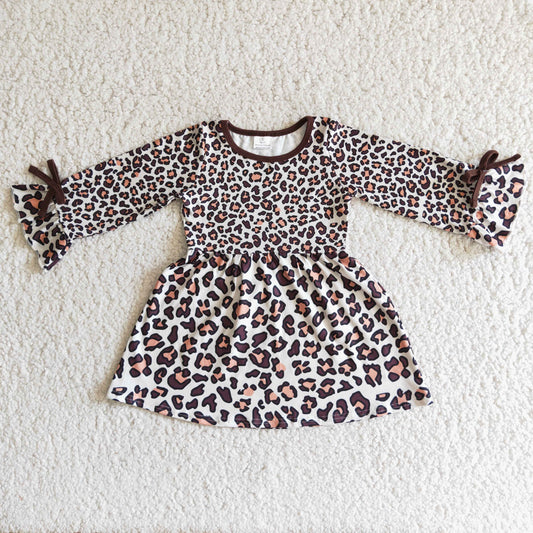 Promotion Baby Girl Long Sleeves Leopard Bows Dress RTS