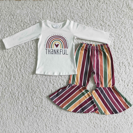 Promotion Baby Girl Long Sleeves Rainbow Thankful Shirts Stripes Bell Pants Outfit RTS