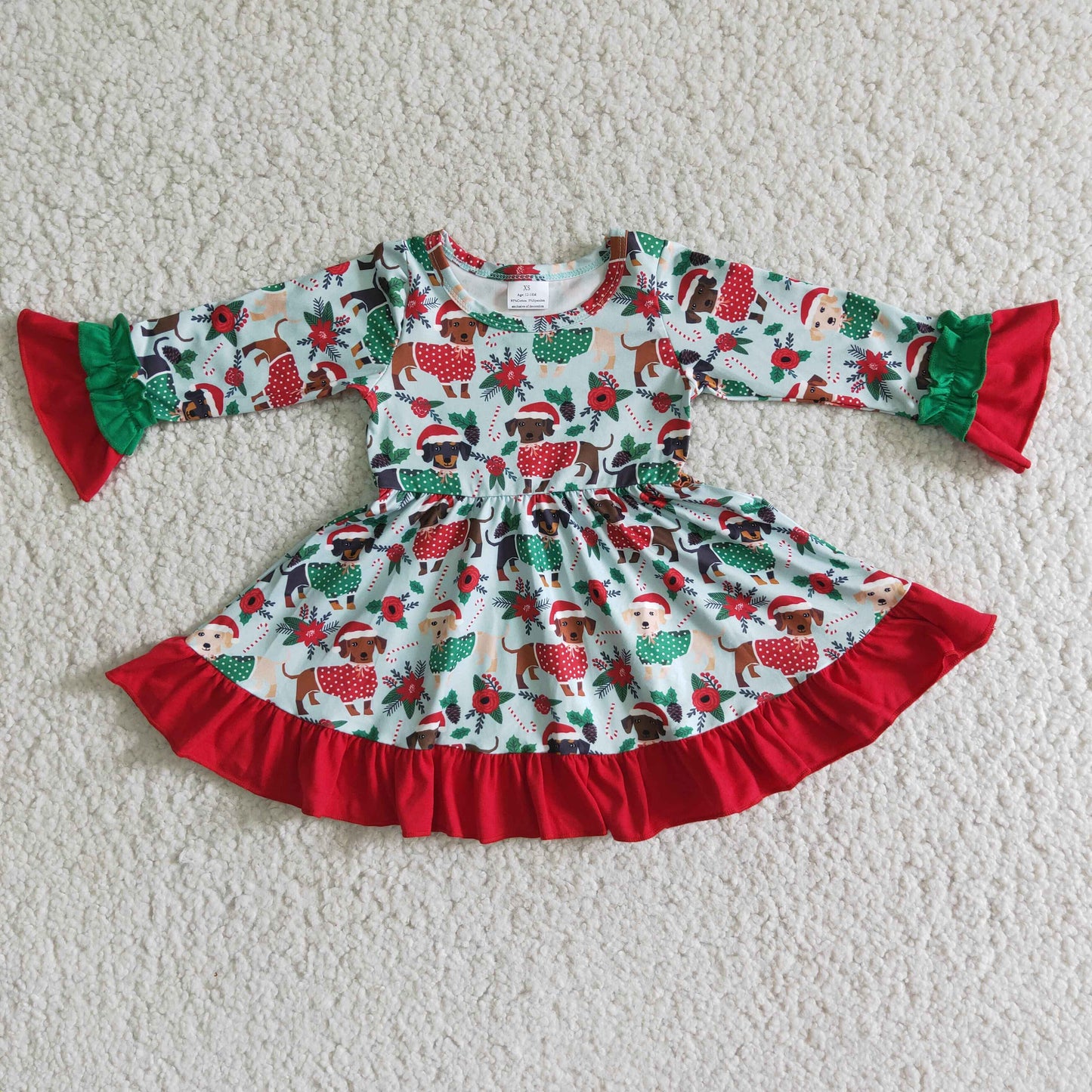 Promotion Baby Girl Long Sleeves Christmas Dogs Twirl Dress