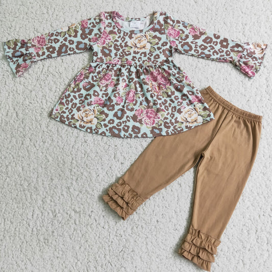 Promotion Baby Girl Long Sleeves Leopard Floral Tunic Ruffle Cotton Pants Outfit