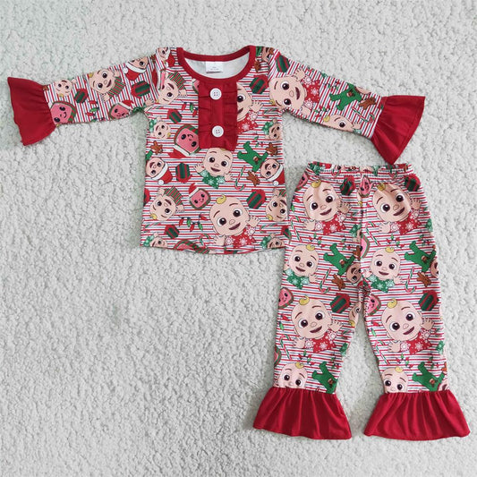 Promotion Christmas Baby Girl Long Sleeves Shirt Pants Melon Pajamas Outfit