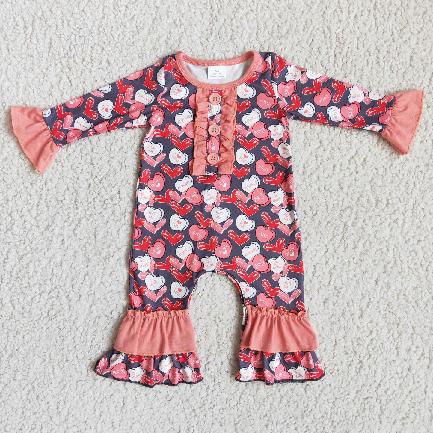 Promotion Baby Girl Long Sleeves Hearts Valentine's Buttons Ruffle Romper RTS