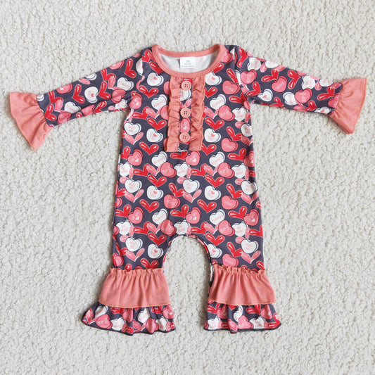 Promotion Baby Girl Long Sleeves Hearts Valentine's Buttons Ruffle Romper RTS