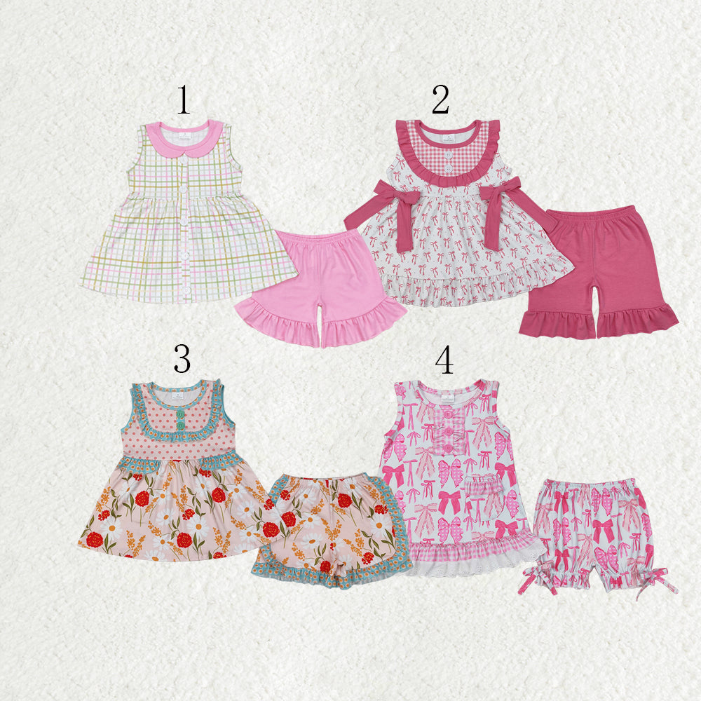 Baby Girl Sleeveless Bows Flower  Buttons Tunic Ruffle Shorts Set Sibling Clothes RTS