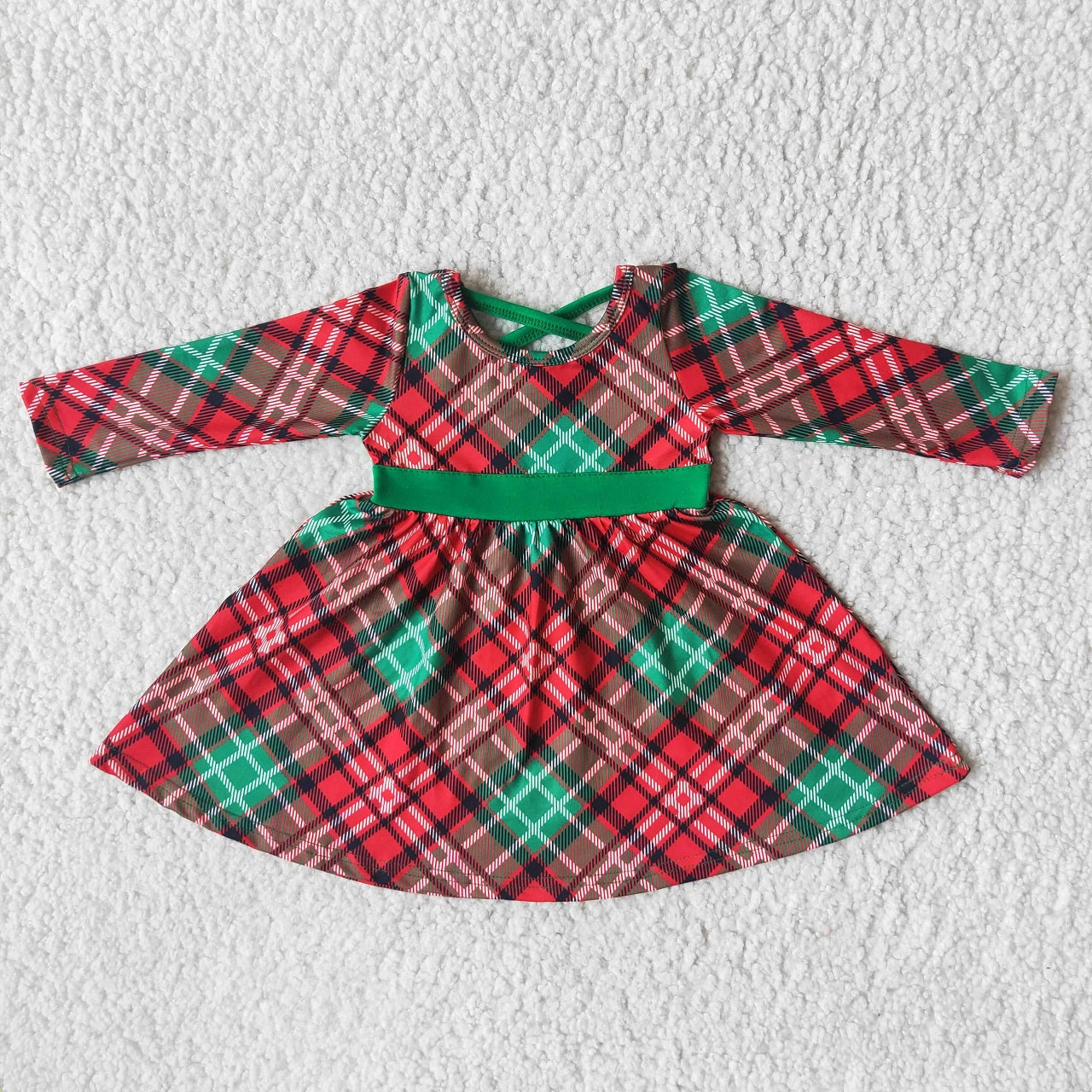 Promotion 6 A8-19 Baby Girl Christmas Long Sleeves Red Green Plaid Twirl Dress
