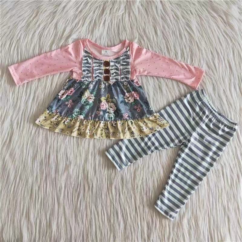 Promotion Baby Girl Long Sleeves Floral Stripes Pants Outfit RTS
