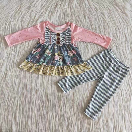 Promotion Baby Girl Long Sleeves Floral Stripes Pants Outfit RTS