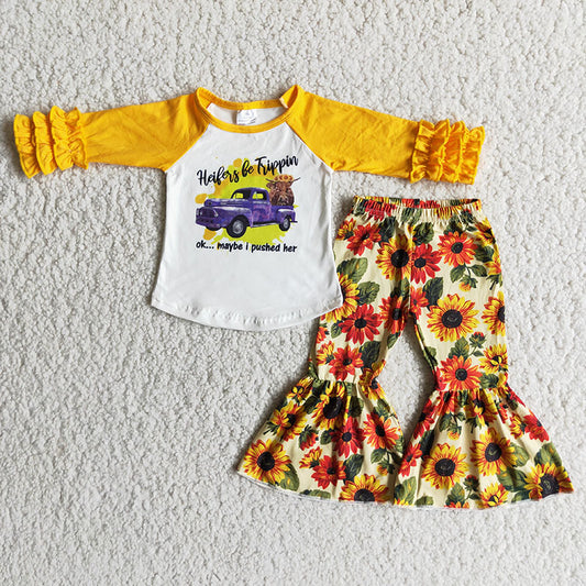 Promotion Baby Girl Long Sleeves Sunflower Pants Outfit