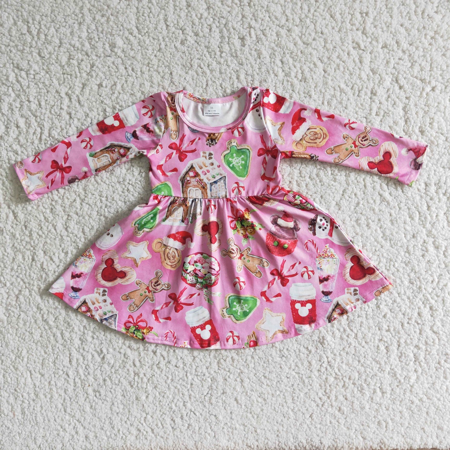 Promotion Baby Girl Christmas Long Sleeves Cartoon Pink Twirl Dress