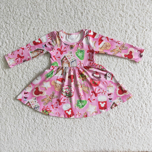 Promotion Baby Girl Christmas Long Sleeves Cartoon Pink Twirl Dress