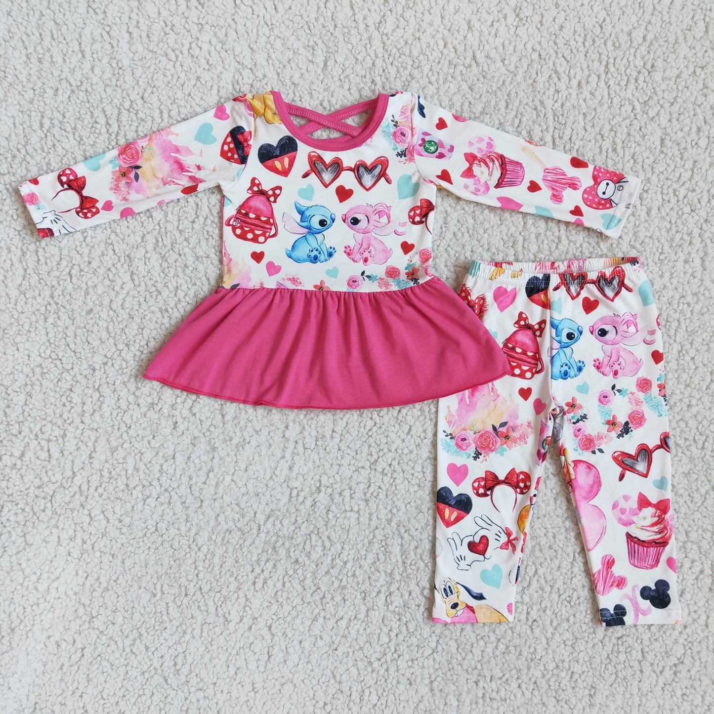 Promotion Baby Girl Long Sleeves Valentine's Cartoon Pants Outfit