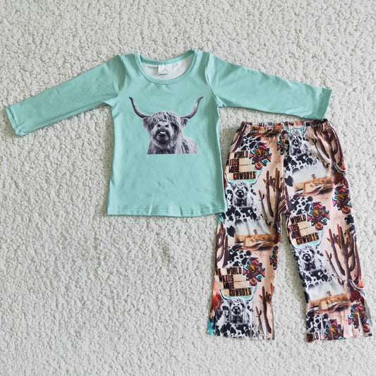Promotion Baby Boy Long Sleeves Western Cow Cactus Pants Pajamas Outfit