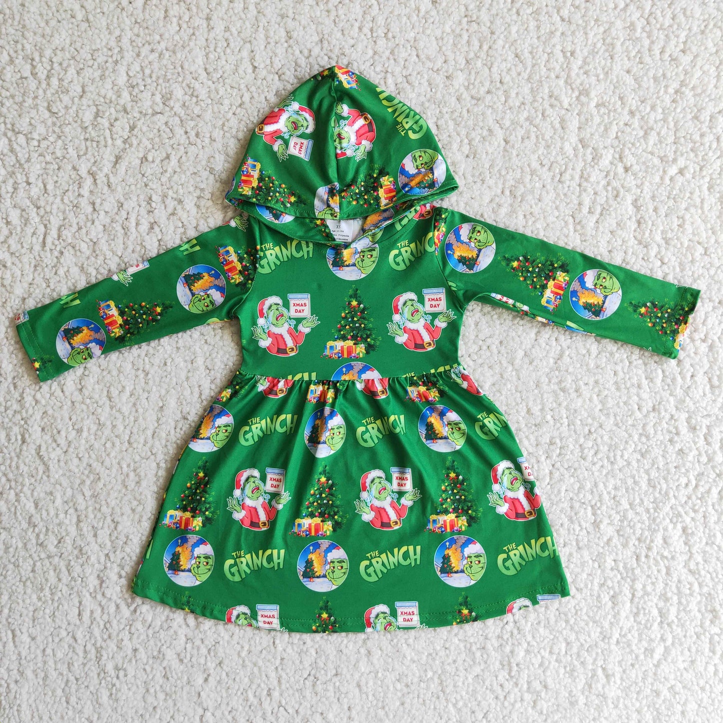Promotion Baby Girl Christmas Long Sleeves Hoodie Face Green Dress RTS