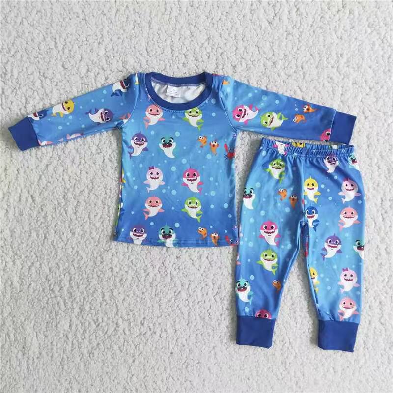 Promotion Baby Boy Blue Long Sleeves Fish Shirt Pants Pajamas Set