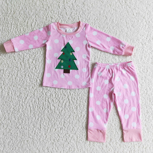 Promotion 6 B12-37 Baby Girl Embroidery Christmas Tree Stripes Pants Outfit Pink Pajamas