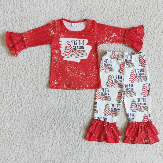 Promotion Baby Girls Red Long Sleeves Red Shirt Ruffle Tree Cakes Pants Christmas Outfit