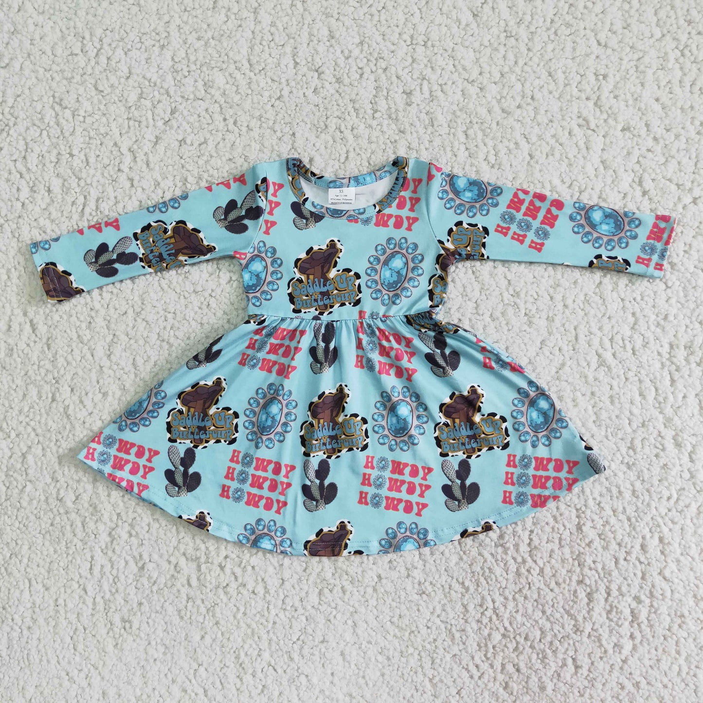 Promotion Baby Girl Long Sleeves Western Print Twirl Dress RTS