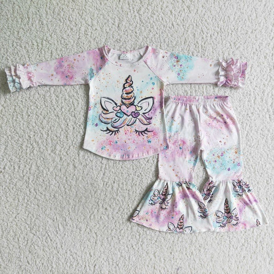 Promotion Baby Girl Long Sleeves Unicorns Bell Pants Outfit