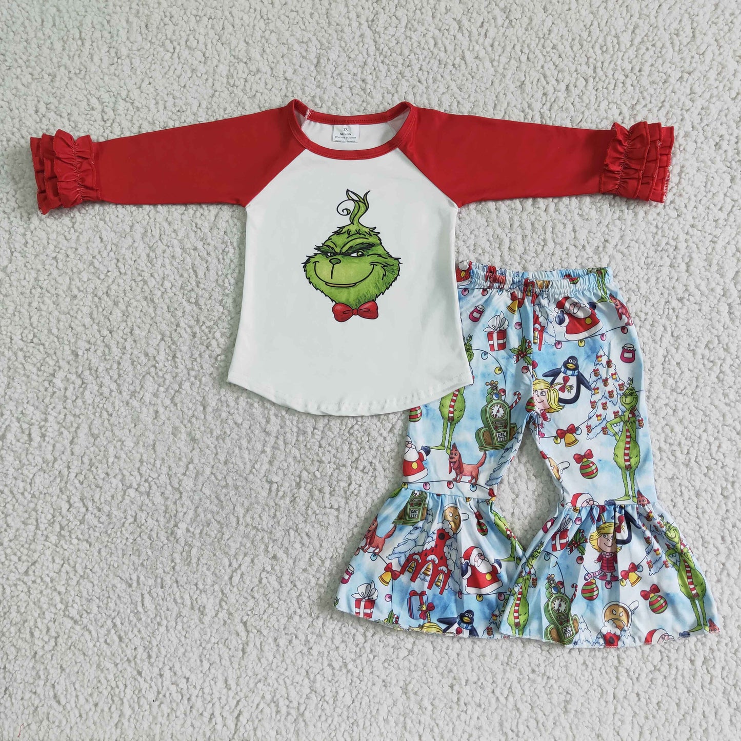 Promotion Baby Girl Christmas Long Sleeve Face Bell Pants Outfit RTS