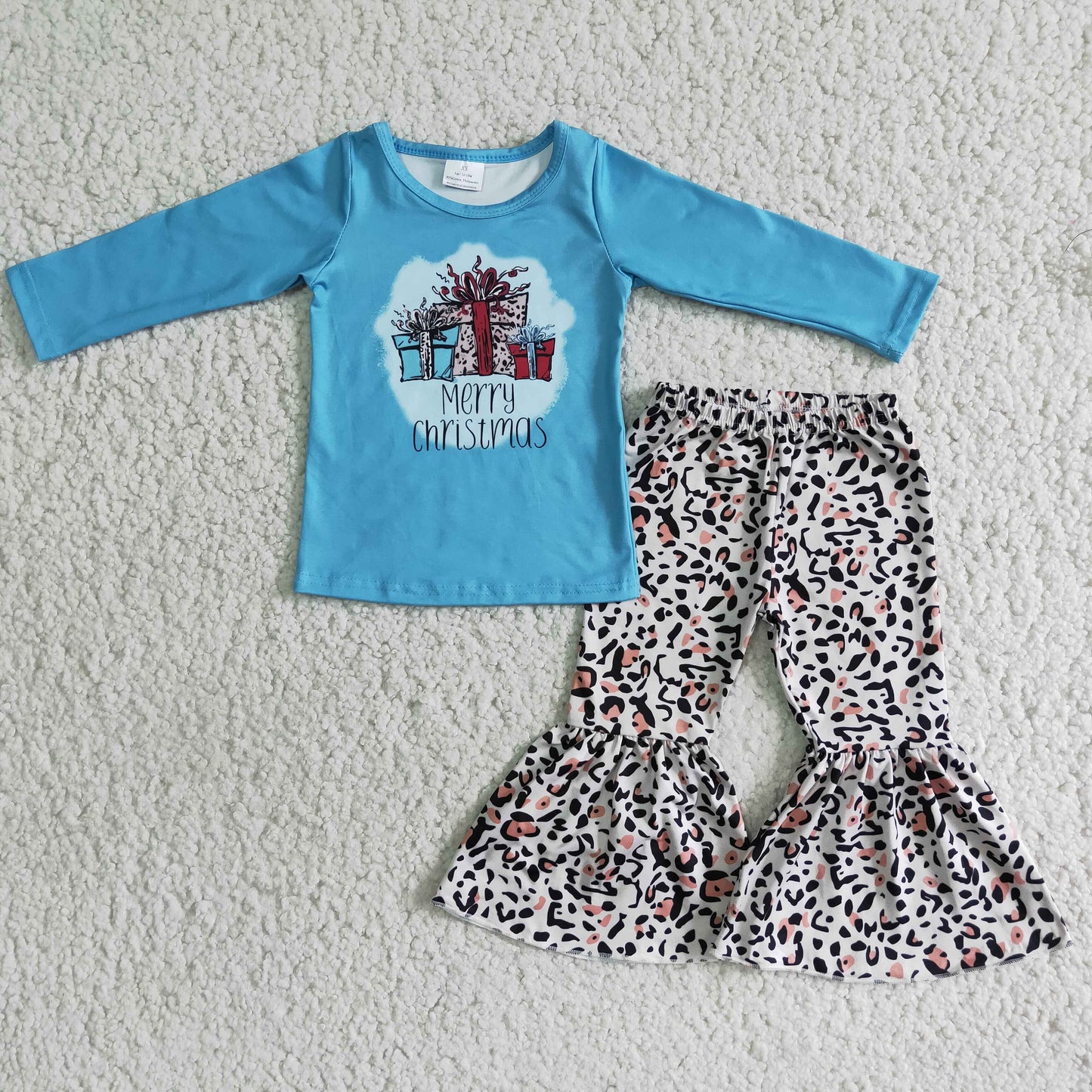 Promotion Baby Girl Long Sleeves Christmas Blue Shirt Leopard Bell Pants Outfit RTS