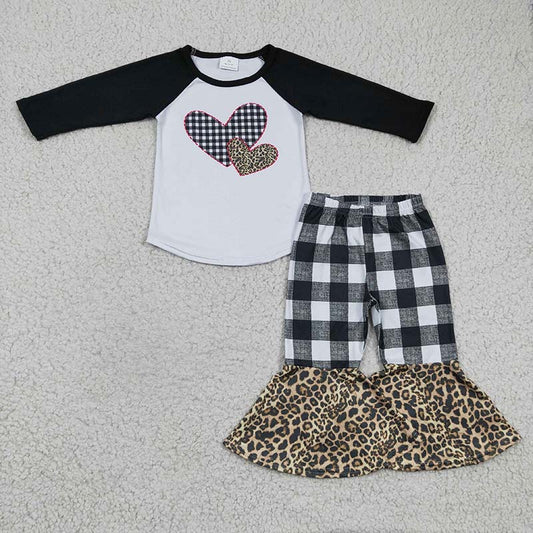 Promotion 6 B7-23 Baby Girl Valentine's Day Hearts Tops Plaid Leopard Bell Pants Set