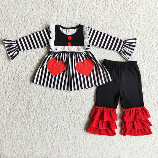 Promotion Baby Girl Kids Hearts Valentine's Stripes Tunic Ruffle Pants Outfit RTS