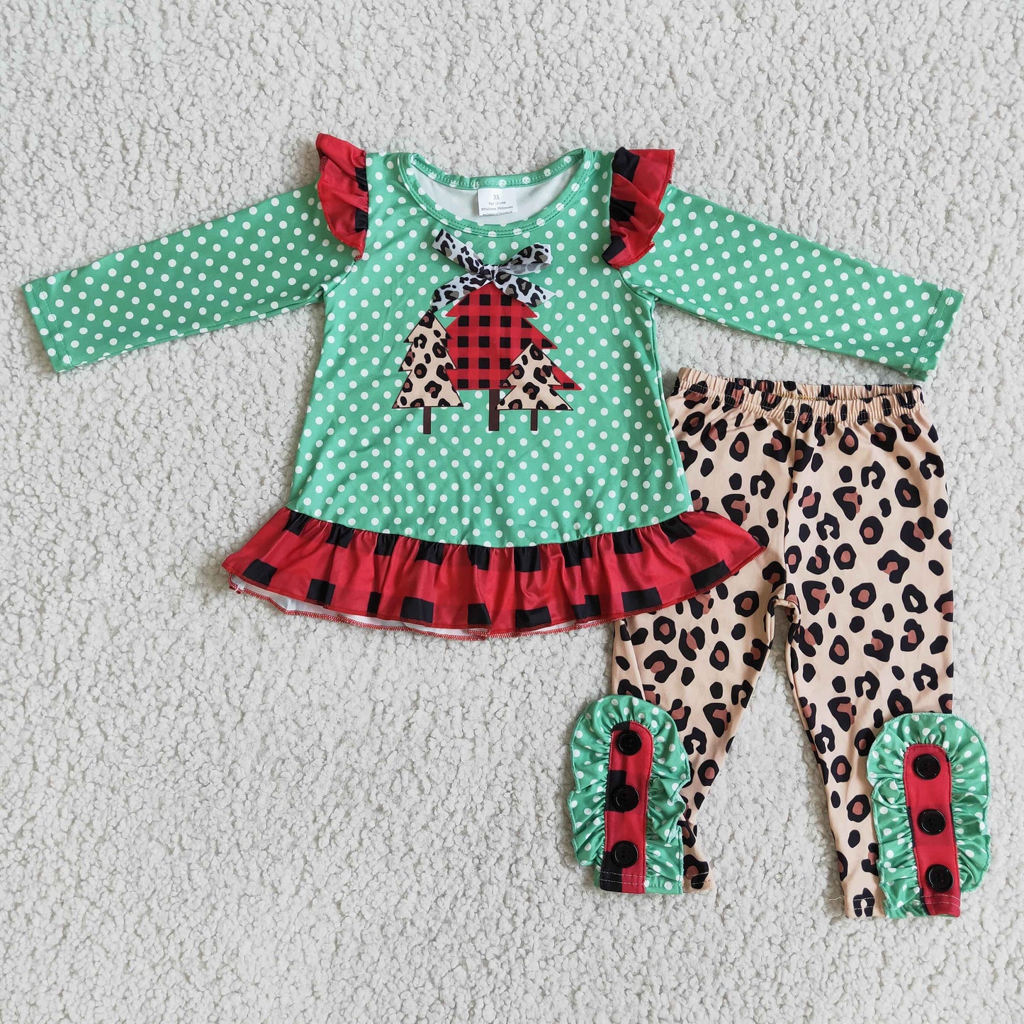 Promotion Baby Girl Long Sleeves Christmas Tree Leopard Pants Outfit RTS