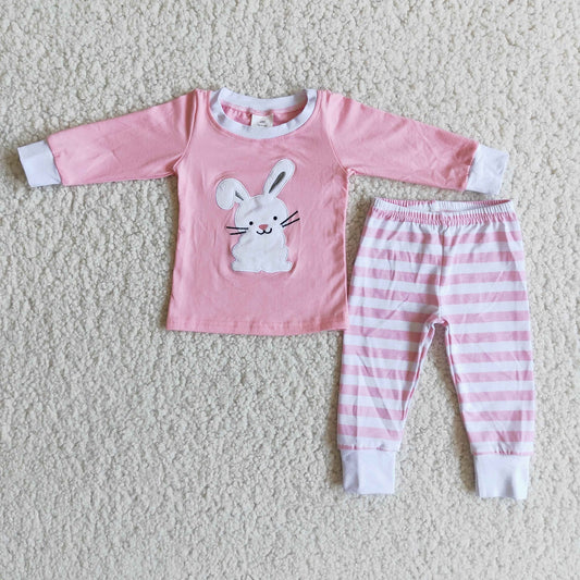 Promotion 6 B8-25 Easter Baby Girl Embroidery Rabbit Stripe Pants Pink Pajamas Set