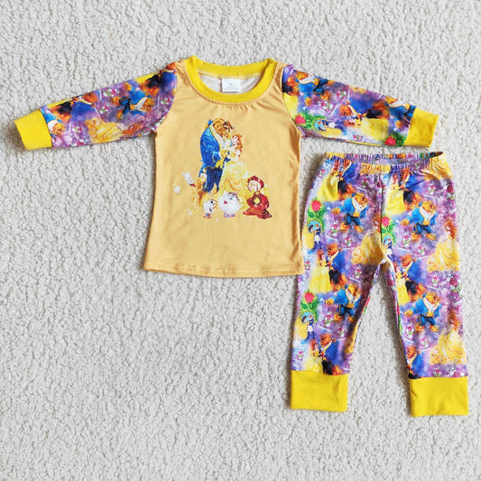 Promotion Baby Girl Long Sleeves Yellow Pants Princess Pajamas Set
