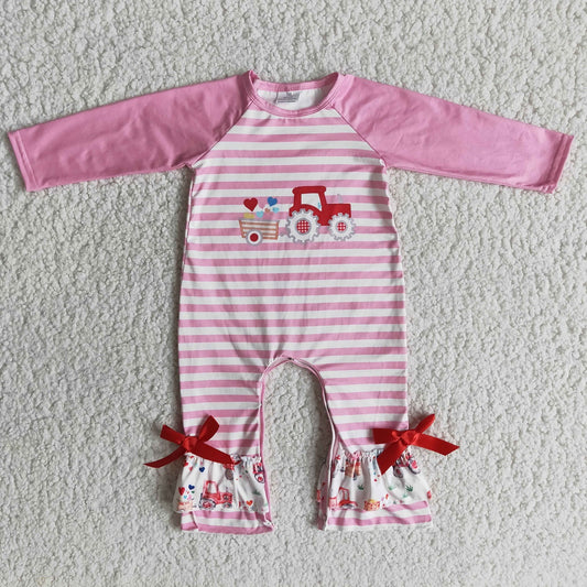 Promotion 6 B9-18 Valentine's Day Baby Girl Tractor Stripes Pink Romper
