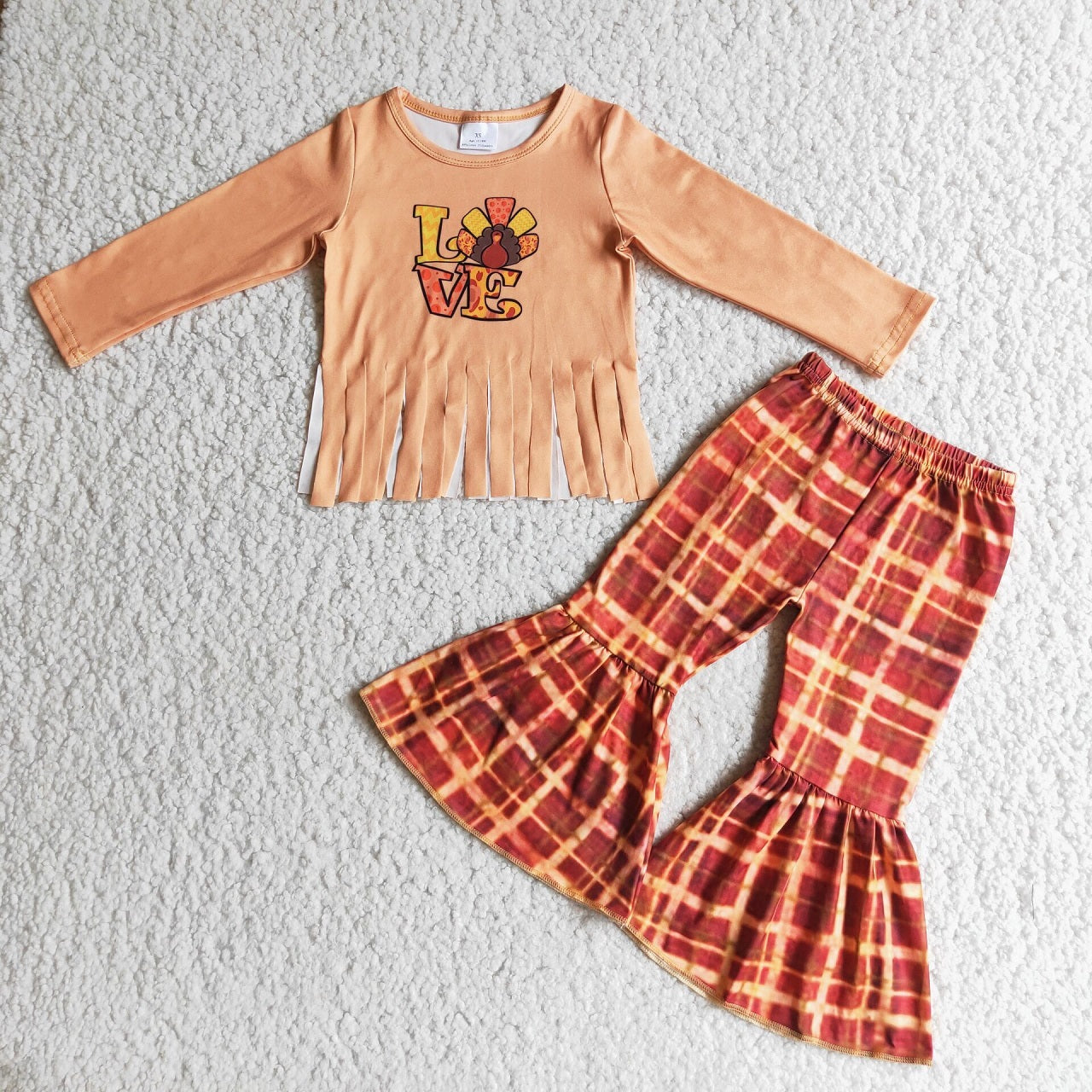 Promotion Baby Girl Long Sleeves turkey Plaid Pants Thanksgiving Set