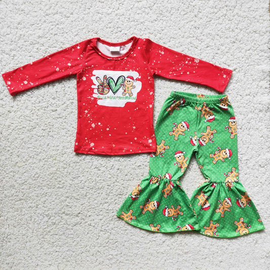 Promotion Baby Girl Long Sleeves Christmas Gingerbread Bell Pants Outfit