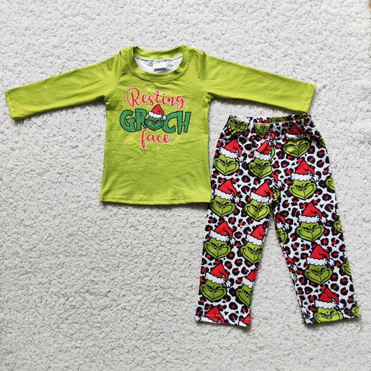 Promotion Baby Boy Long Sleeves Christmas Face Green Pants Outfit