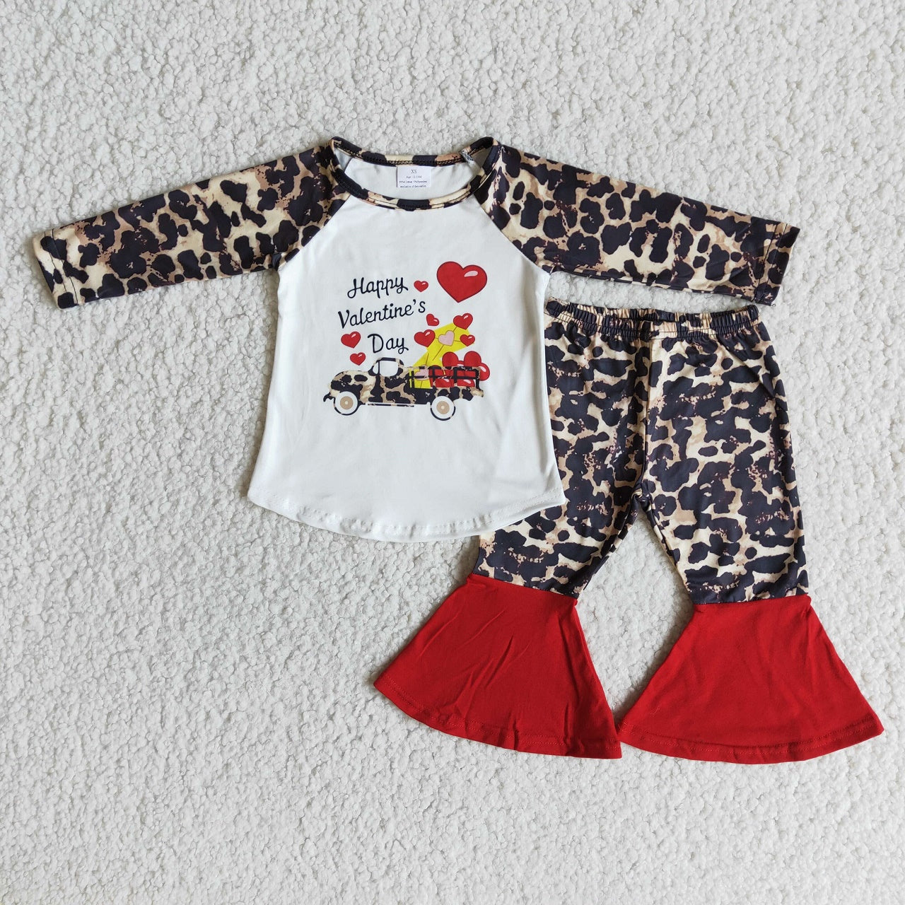 Promotion 6 C11-28 Valentine's Day Baby Girl Long Sleeves Truck Hearts Shirt Leopard Bell Pants Set