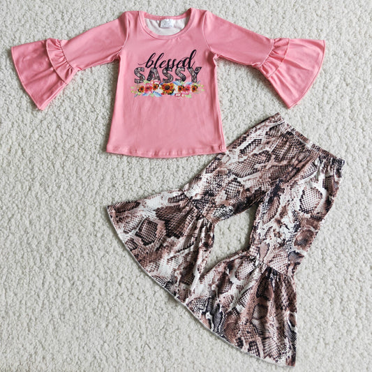 Promotion Baby Girl Pink Long Sleeves Sassy Shirt Bell Pants Set