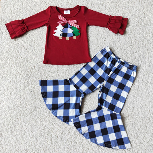 Promotion 6 C6-40 Baby Girl Christmas Tree Embroidery Tree Plaid Pants Set