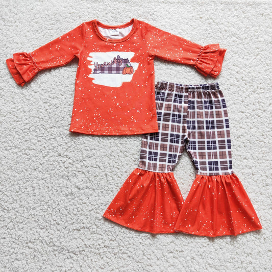 Promotion Baby Girl Long Sleeves Pumpkin Plaid Bell Pants Fall Outfit RTS