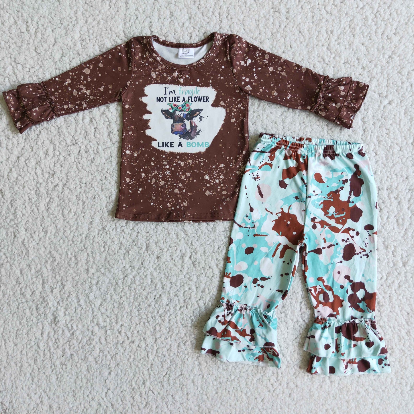Promotion Baby Girl Long Sleeves Western Cow Shirt Ruffle Pants Set