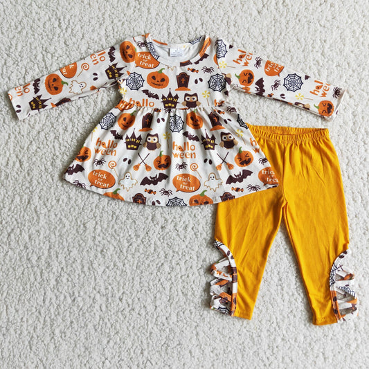 Promotion Baby Girl Kids Halloween Pumpkins Tunic Orange Pants Outfit RTS