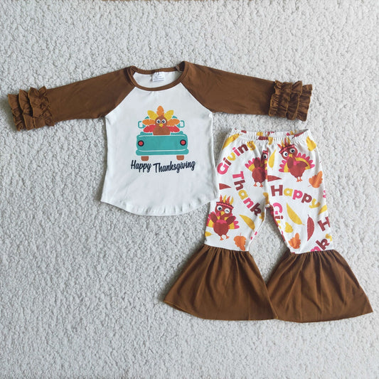 Promotion Baby Girl Long Sleeves turkey Tops Bell Pants Thanksgiving Set