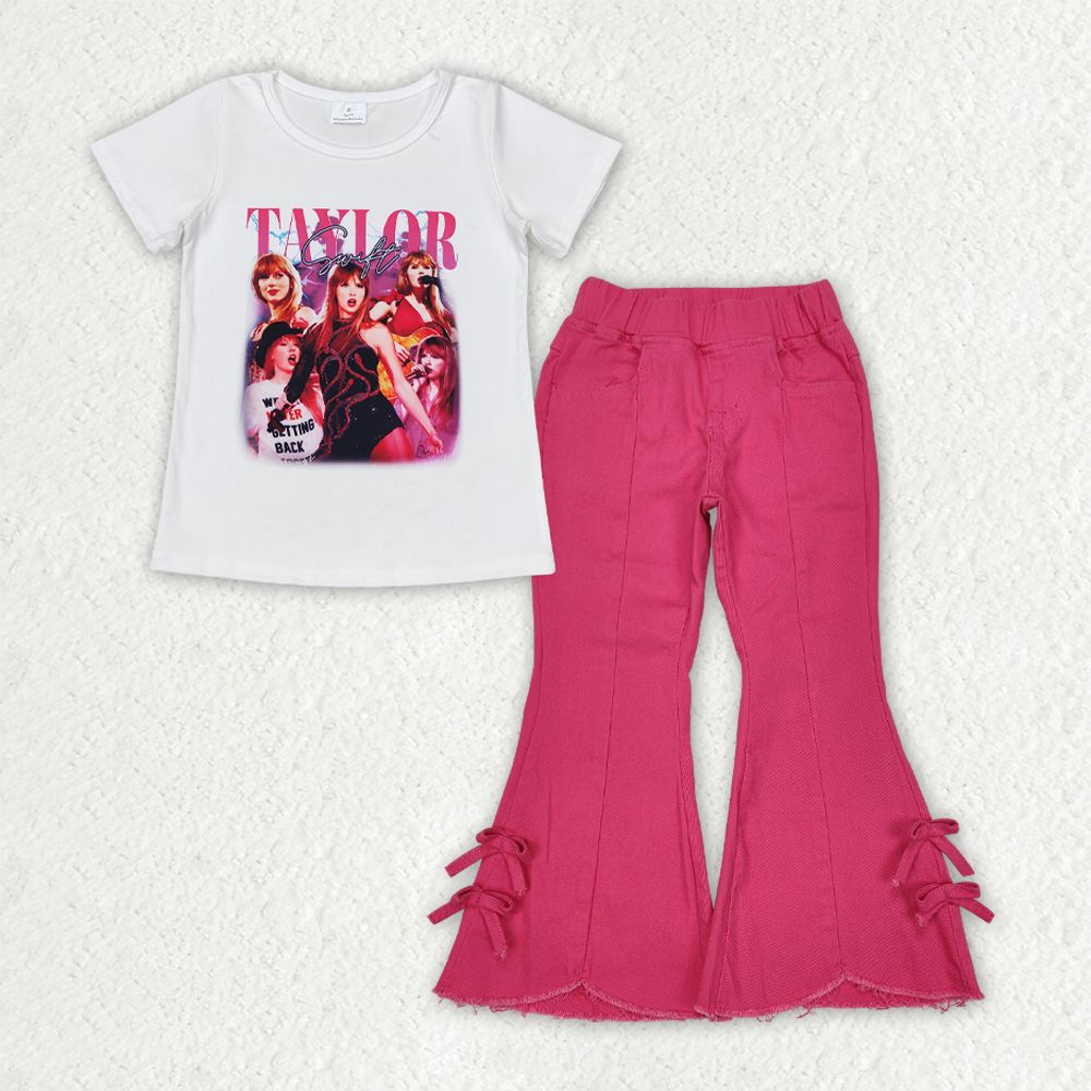 Baby Girl Singer Short Sleeves Shirt Pink Bows Denim Jeans Pants Western Set RTS